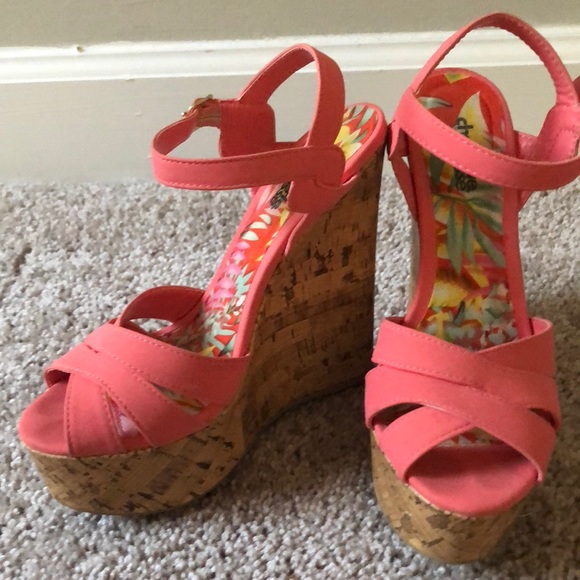 Pink Suede Ankle Wrap Cork Wedge Sandals. - Picture 2 of 8